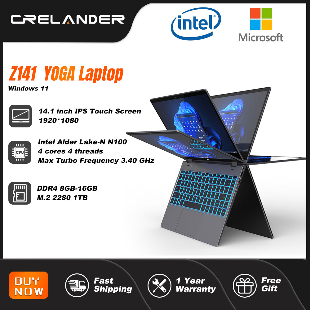 Crelander Z141 Yoga Laptop Intel N100 Processor Ips Touchscreen Ddr4 16Gb 360 Graden Opvouwbare Mini Laptop Tablet Pc Notebook
