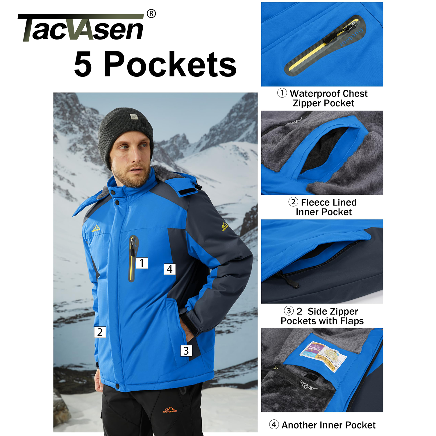 TACVASEN Winter Heavyweight Fleece Lined Parka Waterproof Men Ski Snowboard Jackets Windproof Removable Hoodie Coats Windbreaker