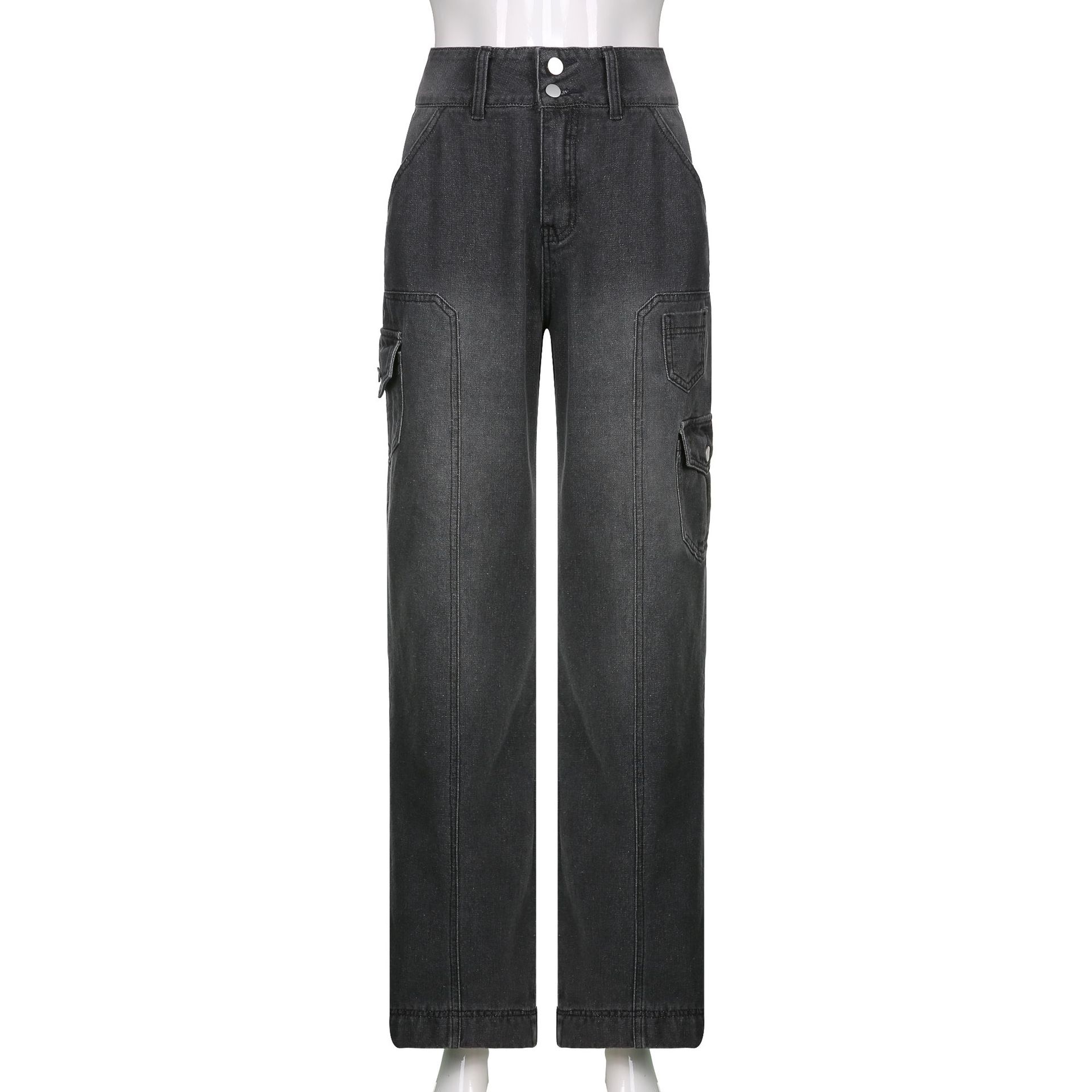 Jeans Casual de Cintura Alta com Bolsos Irregulares, Calça De Rua, Perna Reta, Torres De Chão, Roupa De Trabalho, Novo