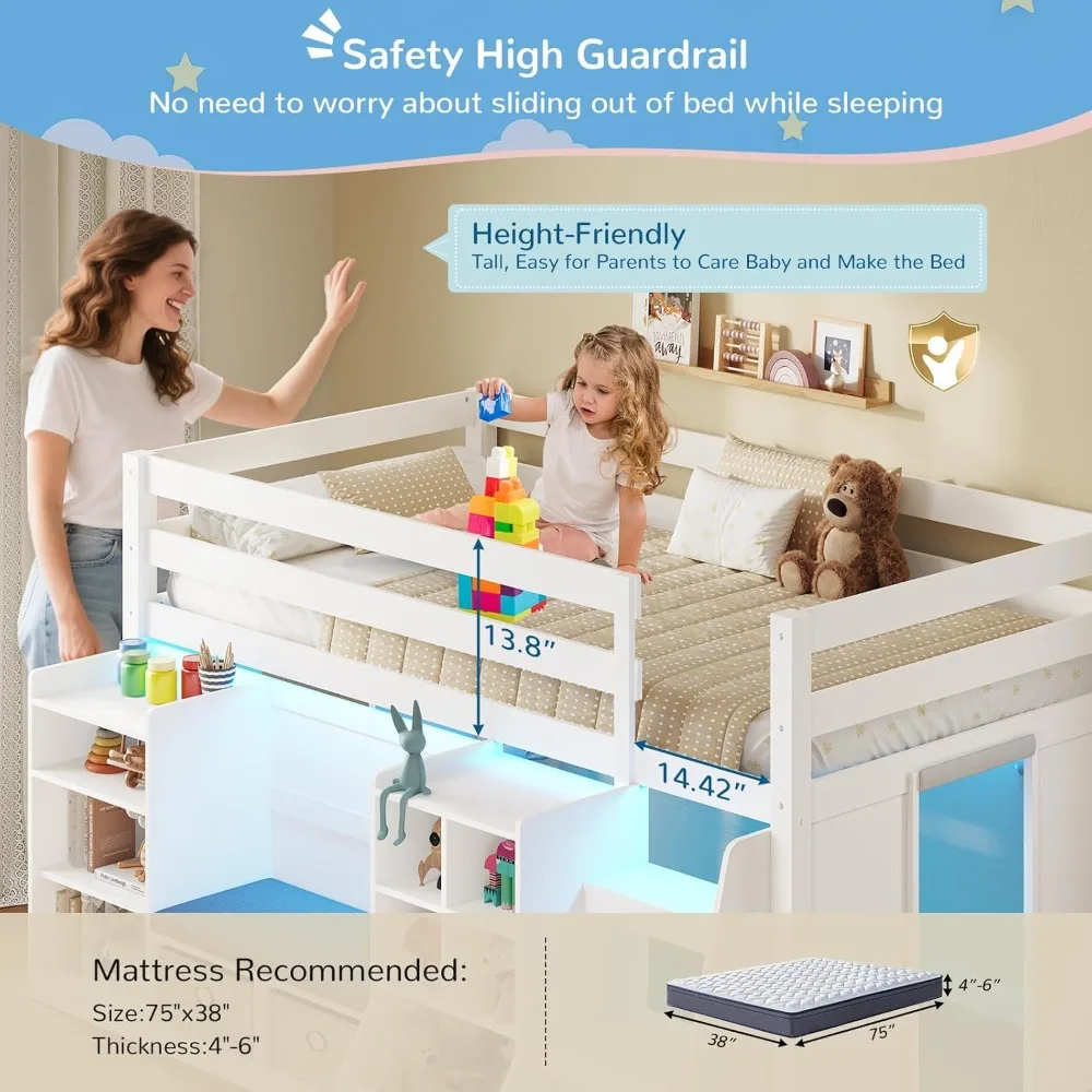 Low Loft Bed Twin Size with LED Lights, Wooden Kids Twin Loft Bed with Storage Bookcase, Toy Box, Reading Nook and Secret Play