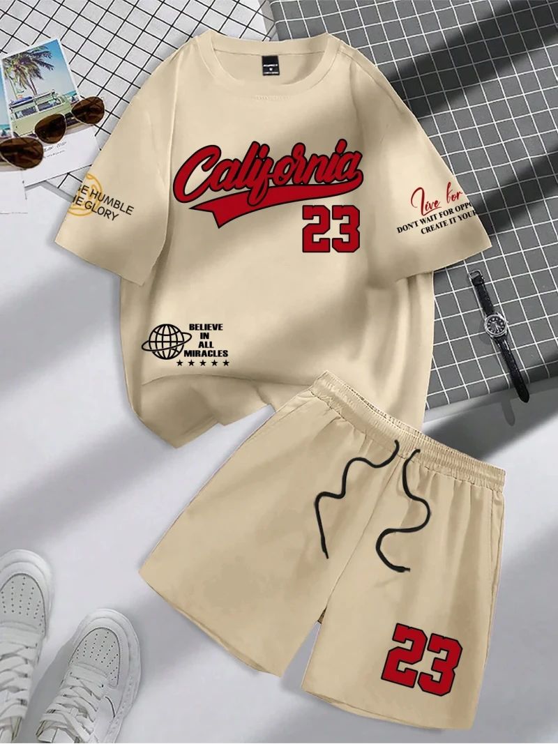 2025 verão nova tendência terno masculino em torno do pescoço manga curta conjunto moda personalizado impressão alfanumérica em torno do pescoço camiseta e shor