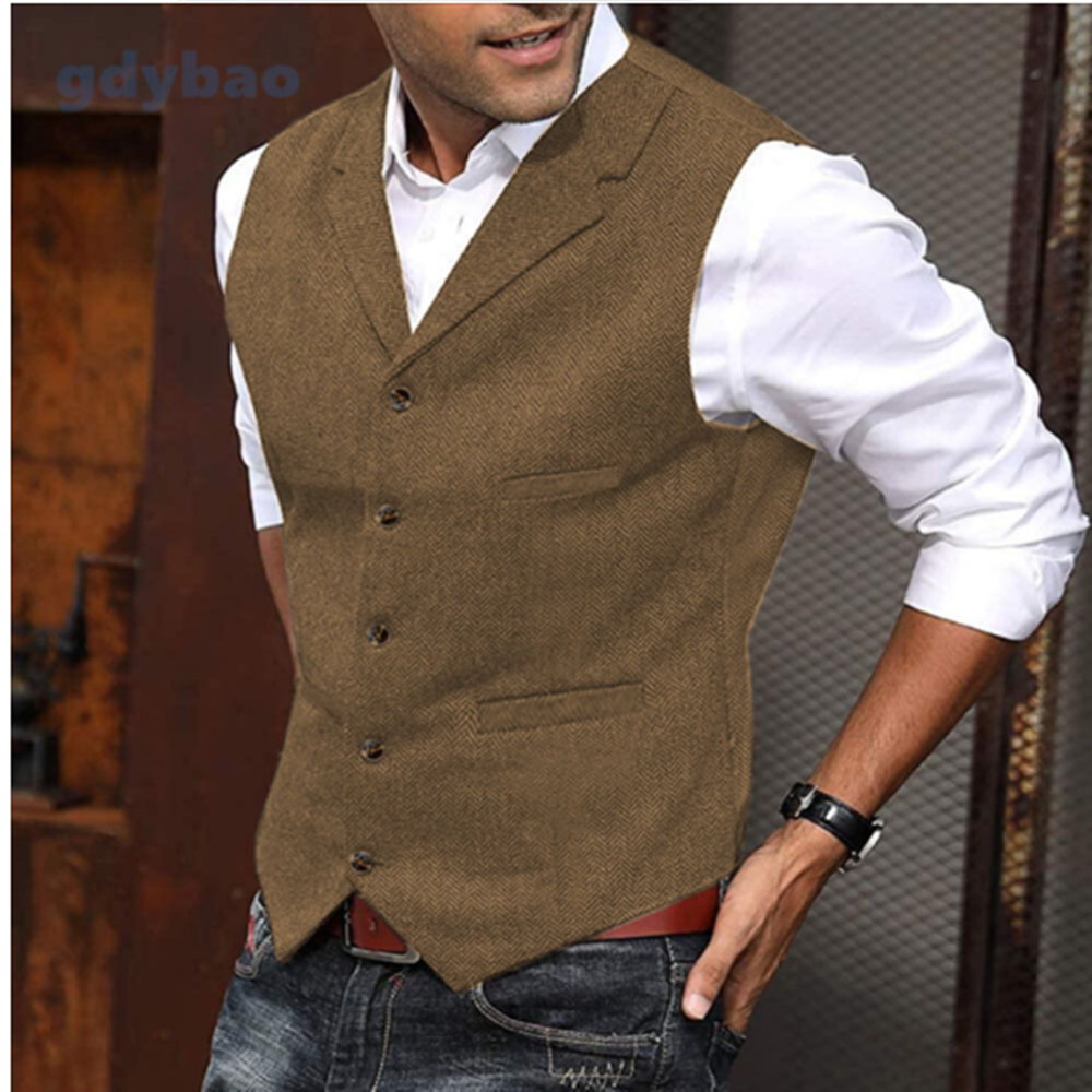 Męska kamizelka garniturowa V Neck Herringbone Tweed Slim Fit Business Kamizelka na wesele