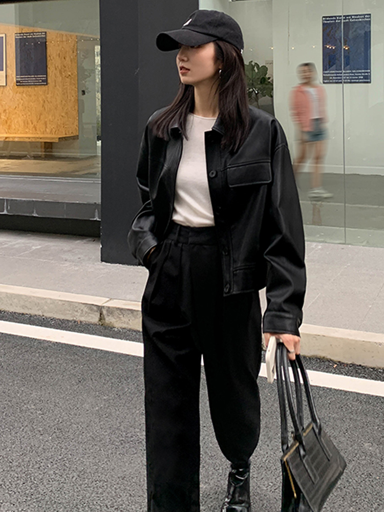 ฤดูหนาวสีดำ Cropped แจ็คเก็ตหนังผู้หญิง2022ฤดูใบไม้ร่วงเกาหลี High Street Biker แจ็คเก็ตย้อนยุคของผู้หญิงบาง PU Chic เสื้อ