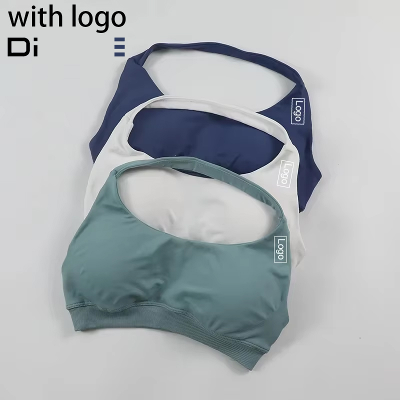 Df-Sujetador deportivo de impacto para mujer, sin costuras, con cuello Halter y tirantes, con logotipo, acolchado, espalda abierta, Top de Yoga, Top corto de soporte medio para gimnasio