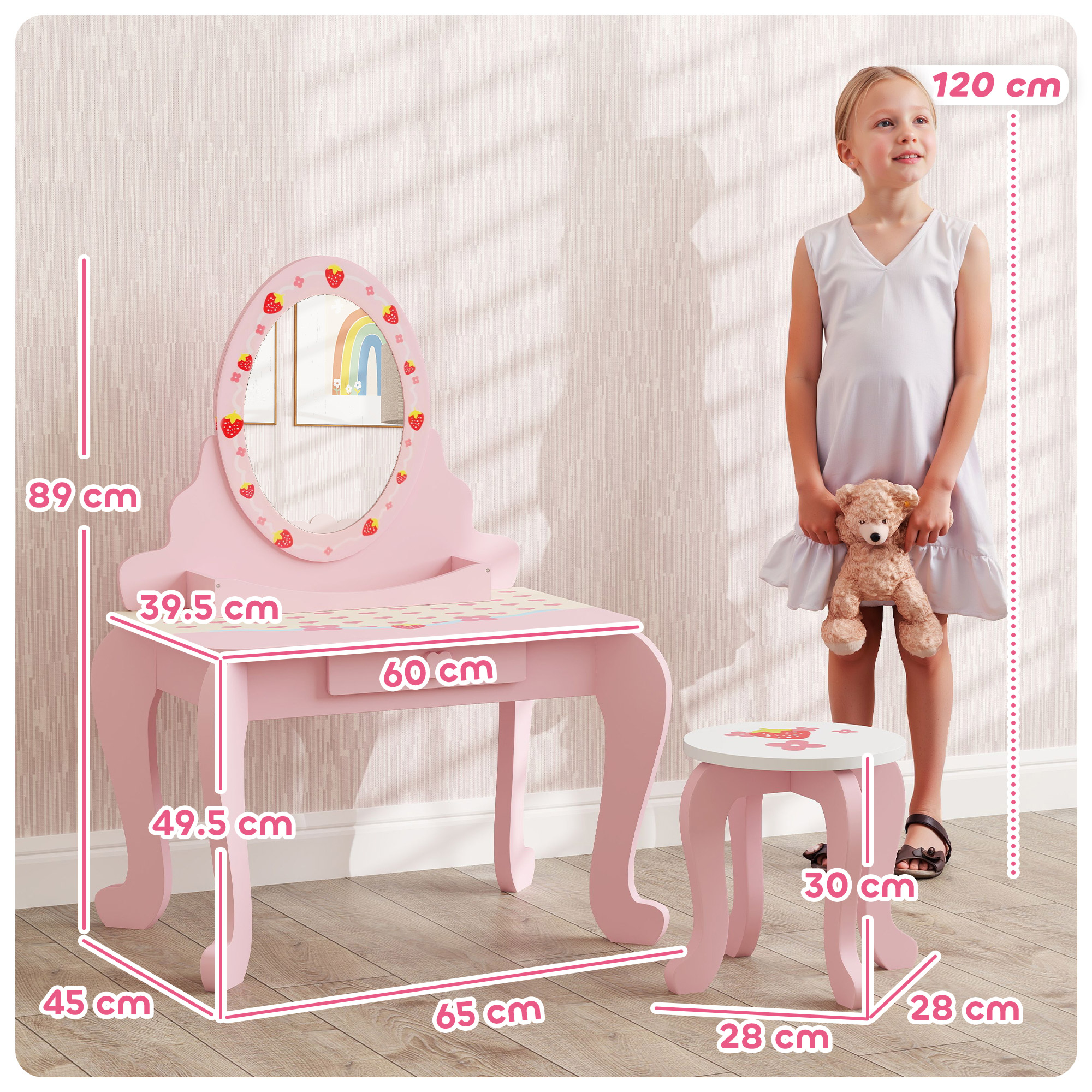 AIYAPLAY 2 PCS Children Vanity Table with Stool, Mirror, Desktop Storage, Strawberry Theme Girls Makeup Desk & Chair, Pink