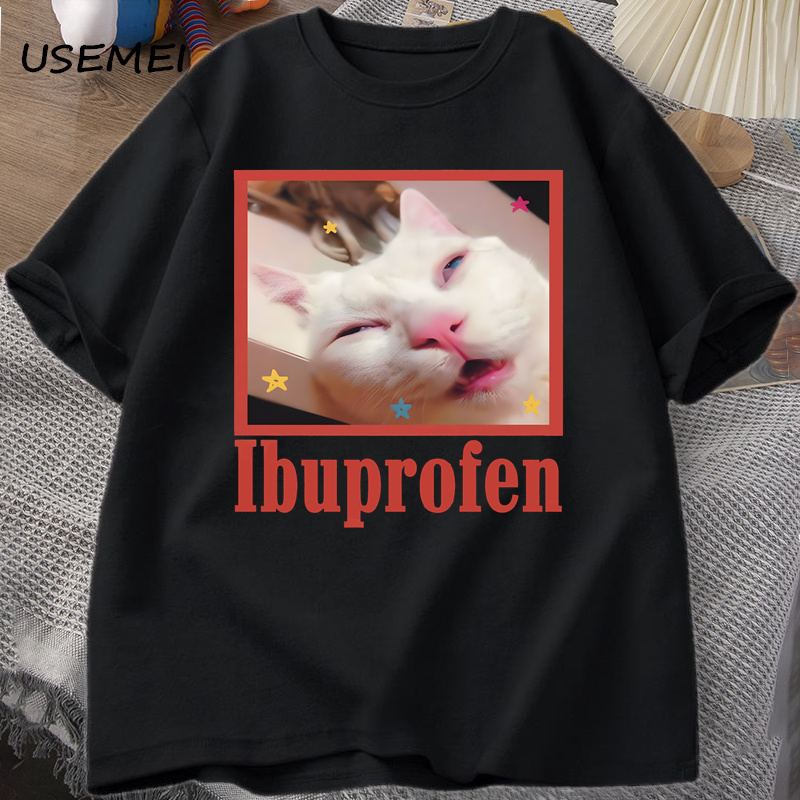 Ibuprofen Katze Meme T-Shirt Lustige Katze Grafik T-Shirt Süße Katzenliebhaber Baumwolle T-Shirt Lässige lustige T-Shirts Unisex Übergroßes T-Shirt T-Shirt