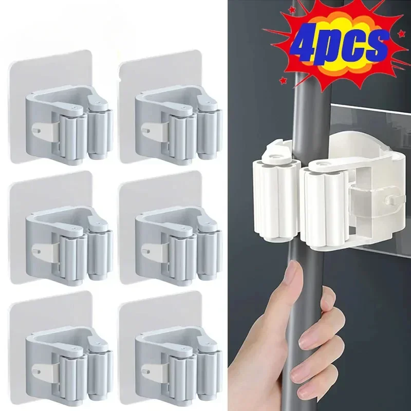 Soporte para fregona y escoba montado en la pared, adhesivo fuerte, estante de almacenamiento sin taladro para organización del hogar, fácil instalación, 4 Uds.