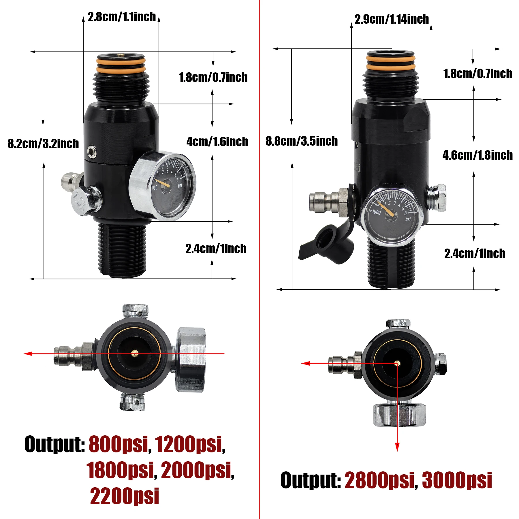 HPA 4500psi Cylinder Air Tank Regulator Valve Output 800psi to 3000psi Threads M18*1.5 or 5/8-18UNF Diving Double O-Ring Design