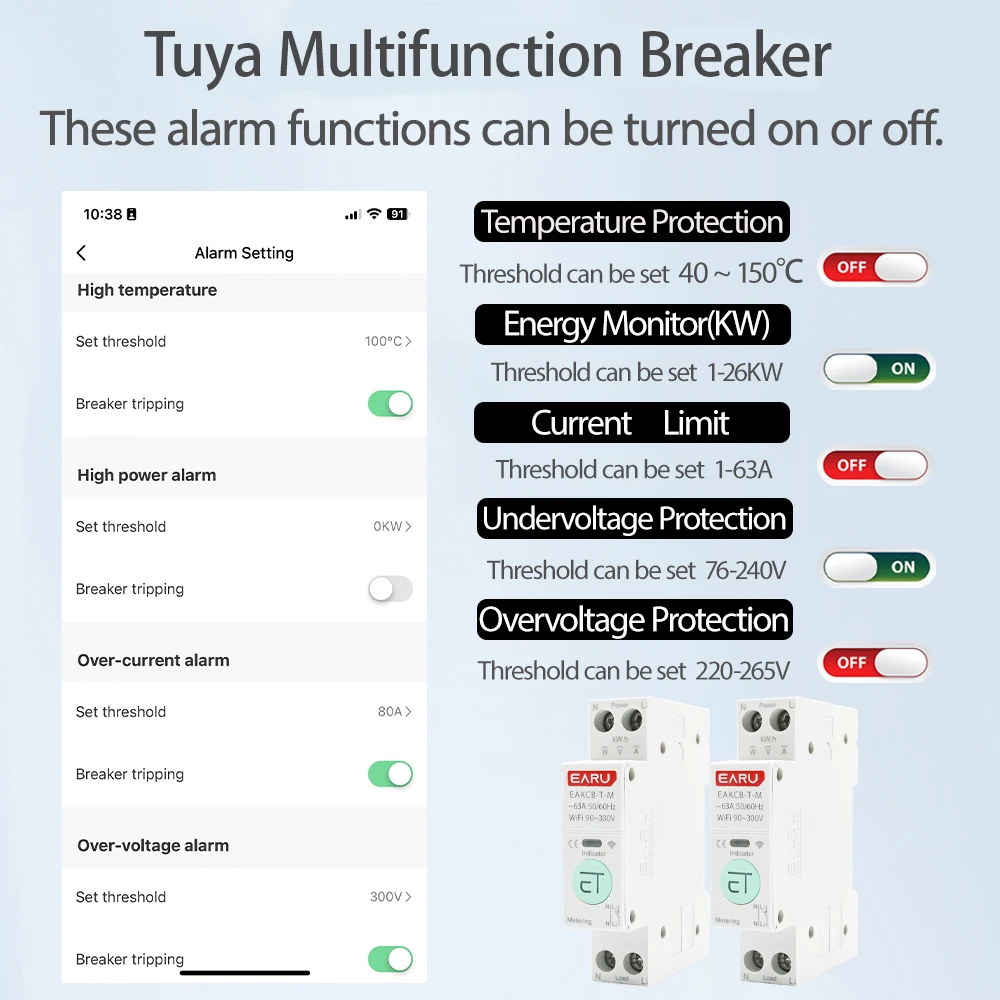 Zigbee TUYA WiFi disyuntor inteligente sobrecorriente bajo voltaje protección medición de potencia 1-63A interruptor de Control remoto inalámbrico