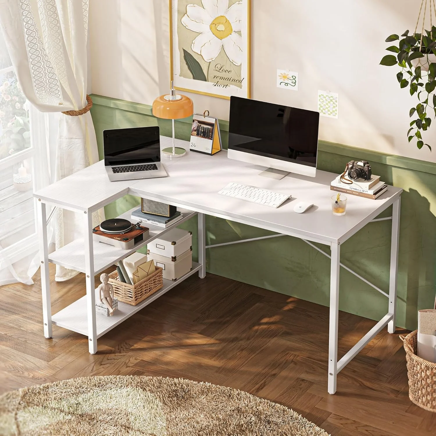 L-vormig computerbureau Houten open plank Bureaucomputer met planken 120 cm Studiebureau voor studeerkamer Slaapkamer Thuiskantoor Wit