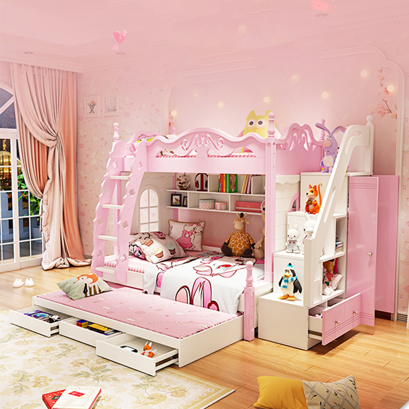 Beliche princesa cor de rosa, madeira maciça, cama alta e baixa, cama multifuncional para crianças e adultos, linda menina, mãe