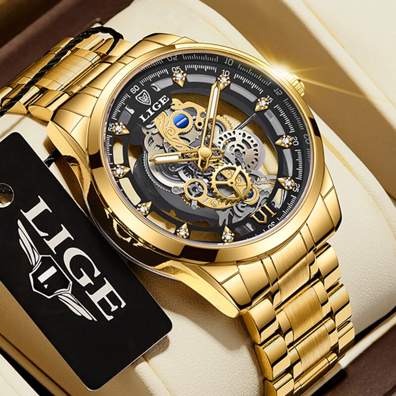 LIGE nowy męski zegarek szkieletowy zegarek kwarcowy złoty szkielet retro męski zegarek Top marka luksusowy zegar męskie zegarki Reloj Hombre