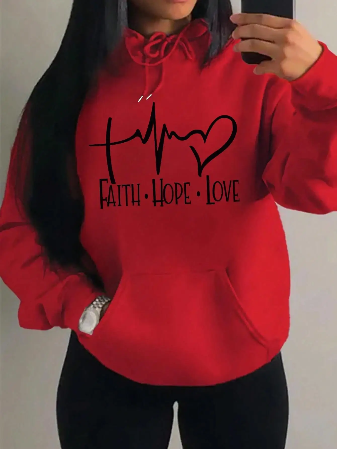 Faith Hope-Sudadera con capucha con estampado de letras de amor para mujer, sudaderas holgadas informales de calle, jersey de lana de otoño, ropa de Hip Hop con cuello redondo para mujer