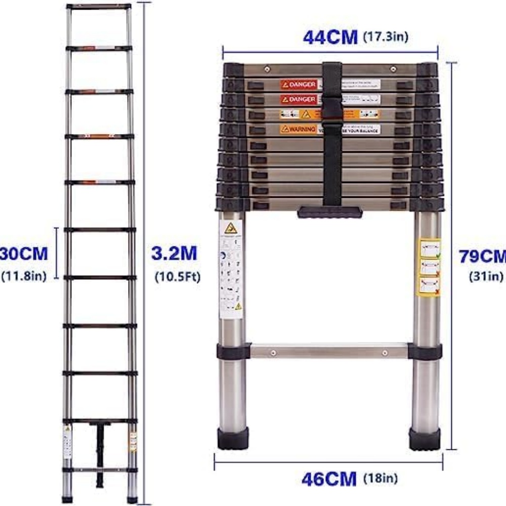 Échelle Télescopique Polyvalente en Acier Inoxydable, Extensible, avec Pieds Antidérapants, Portable, Robuste, Loft, EN131, 10.5 Pieds, 3.2m