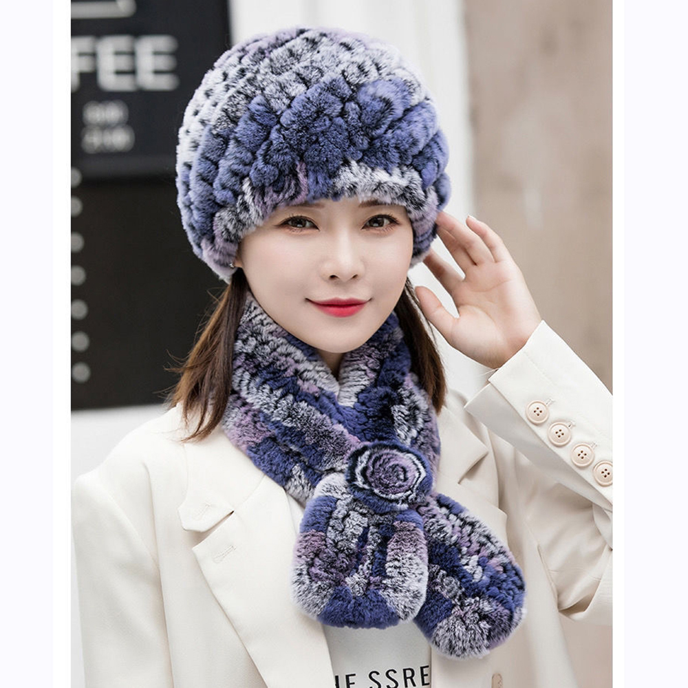 Hot Koop Vrouwen Winter Echt Konijnenbont Hoed Sjaal Sets Natuurlijke Rbbit Bont Hoed Sjaals Lady Warm Echt Konijnenbont cap Uitlaat 2 Stuk