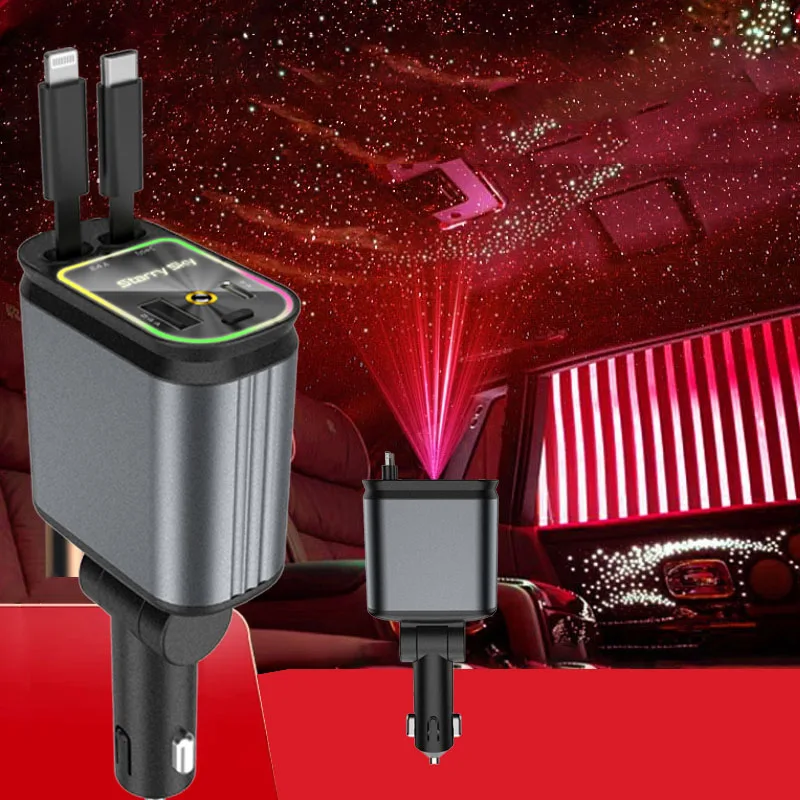 4-in-1 intrekbare autolader met dak Starlight USB C-kabel Starlight in automatisch dak Snel opladen voor iPhone Samsung-telefoons