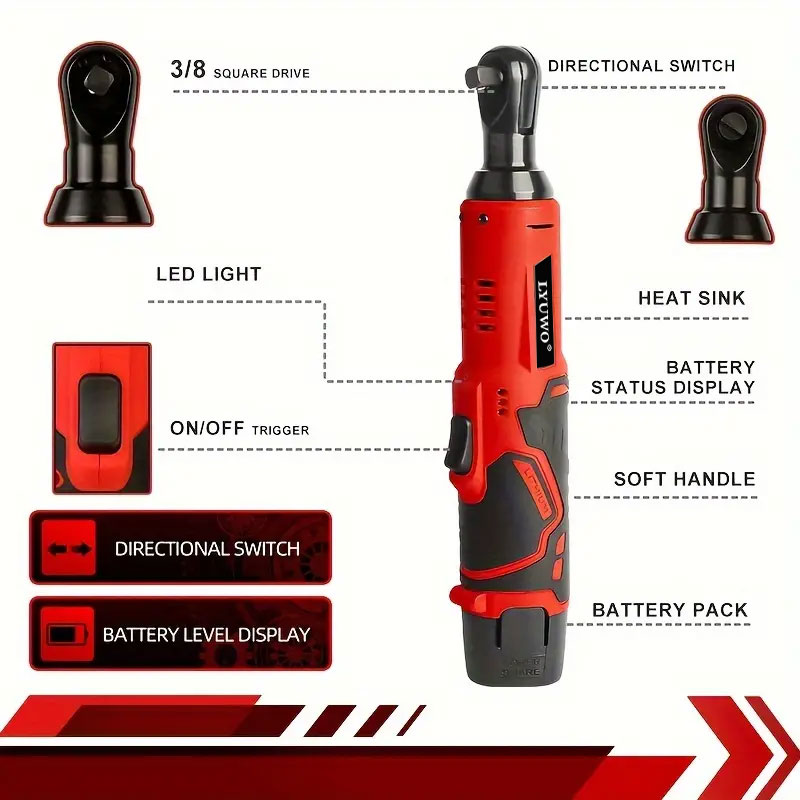 Lyuwo 12v chave elétrica de ângulo reto sem fio 45nm 3/8 Polegada chave catraca desmontagem porca ferramenta manutenção do carro com 4 soquetes