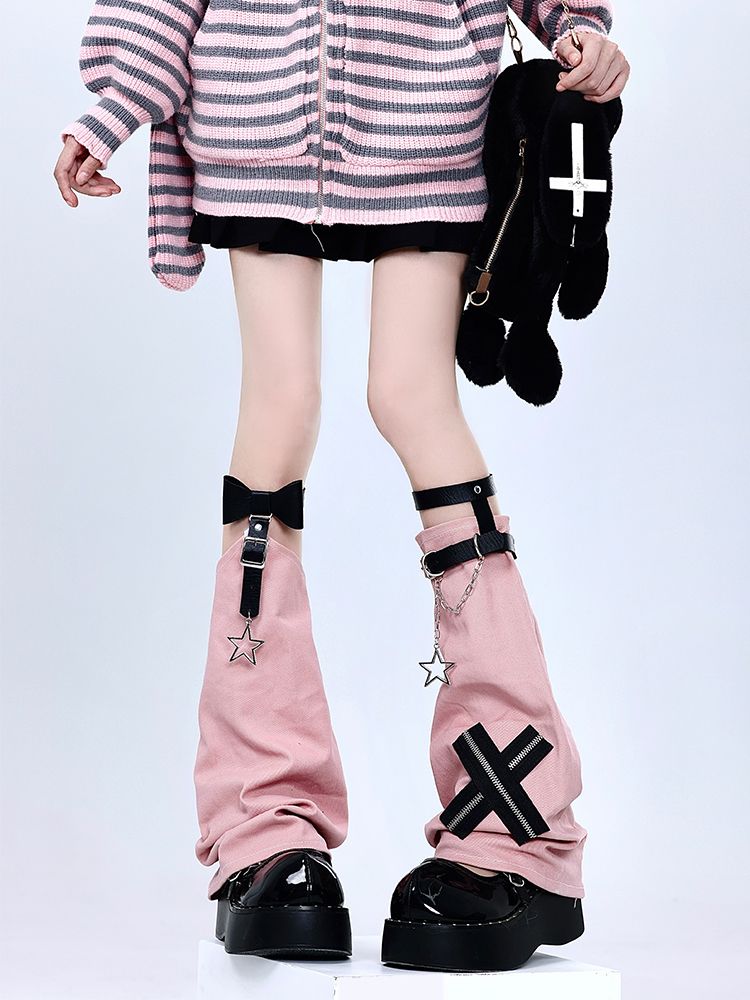 Womens Lolita Y2K Punk Gothic Steam Harajuk Winter Girls Cross Chain Leather Buckle Pink Personality Wide Leg Sets