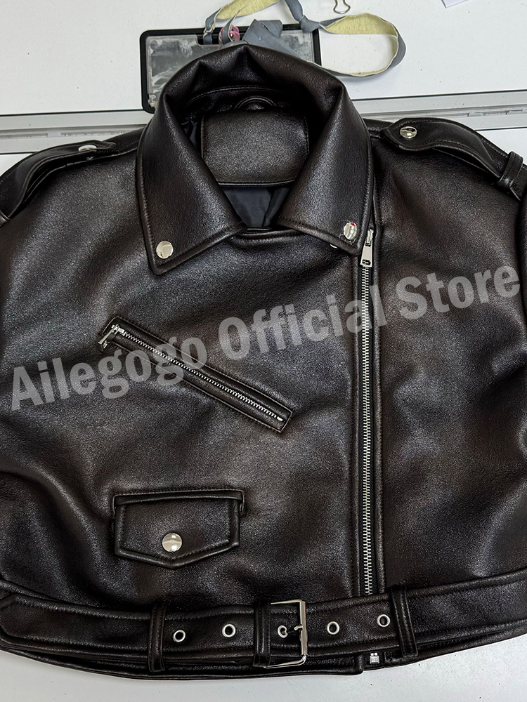 Ailegogo primavera outono feminino retro curto plutônio falso jaqueta de couro macio vintage feminino cinto com zíper casaco moto motociclista outwear