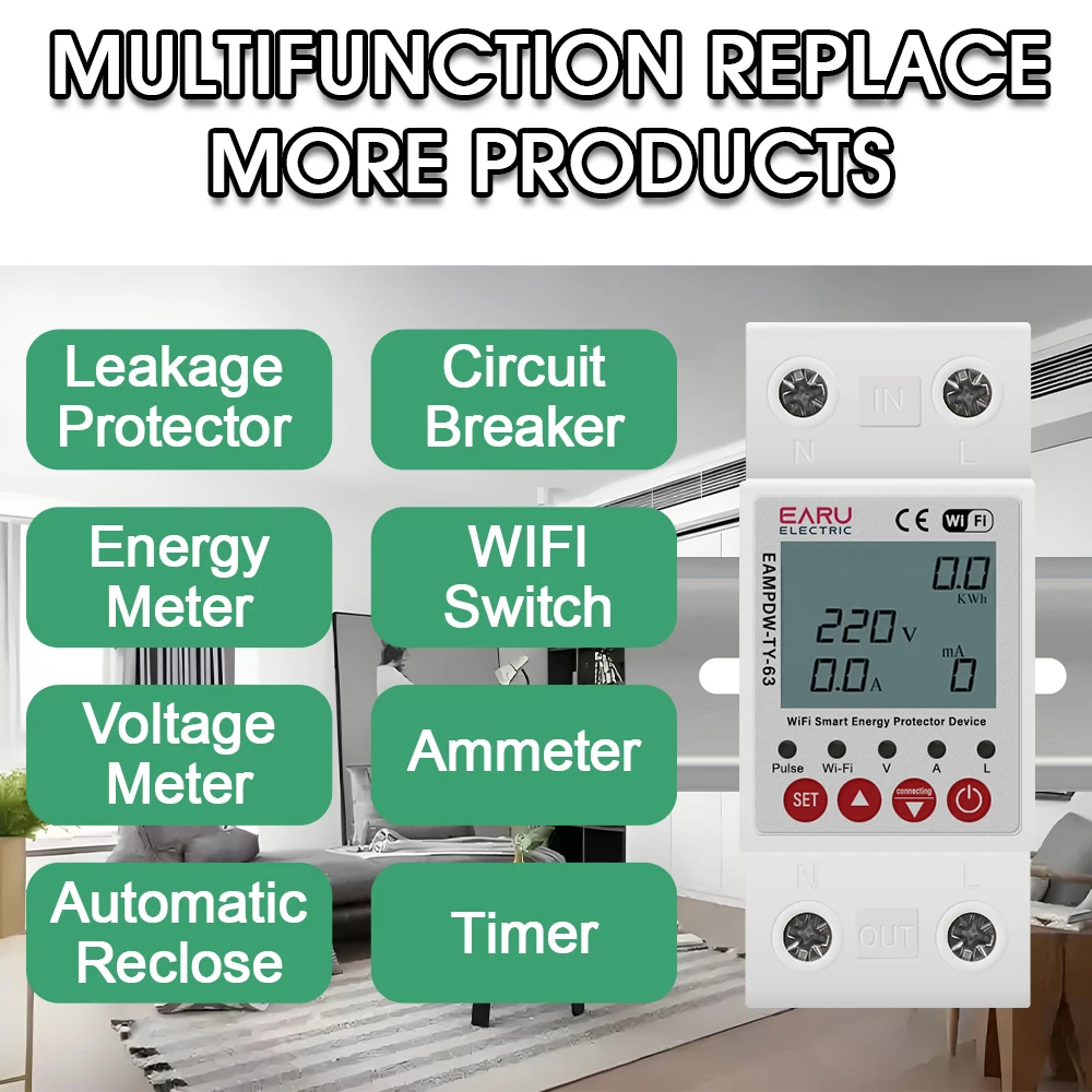 2P 63A TUYA WiFi Smart Perdite di Terra da Sovratensione Protezione Relè Dispositivo Interruttore Interruttore di Alimentazione Energetica kWh Meter Vita Intelligente