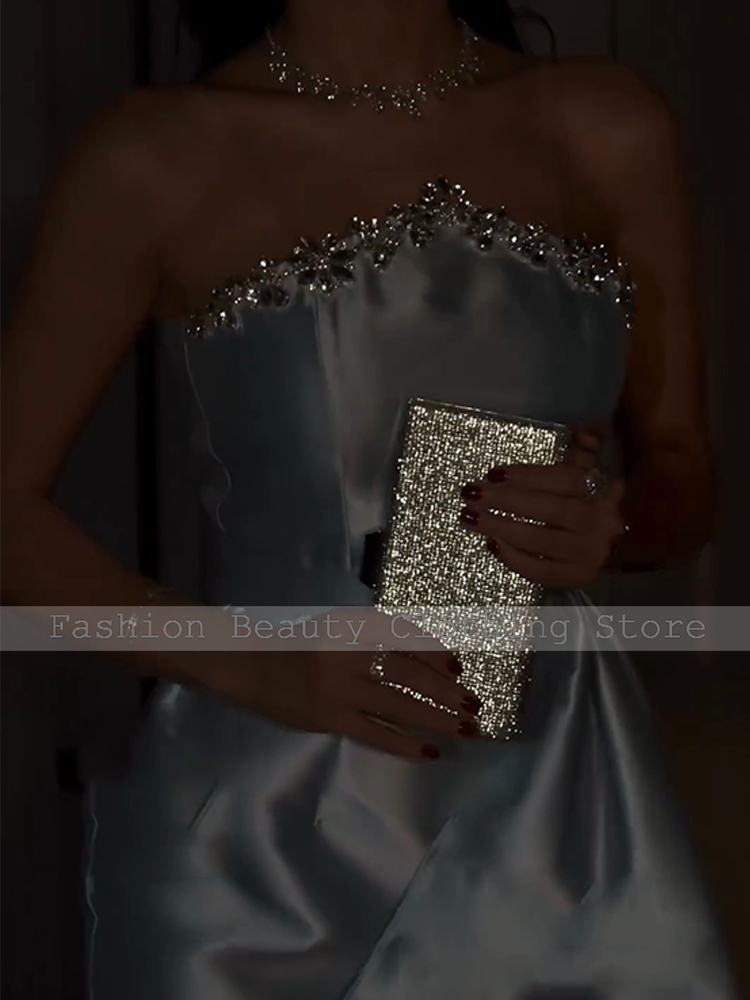 Robes de soirée de luxe pour femmes, bleu ciel, en Satin, fente latérale, colonne, longue drapée, perles, strass, robe de soirée, 2025