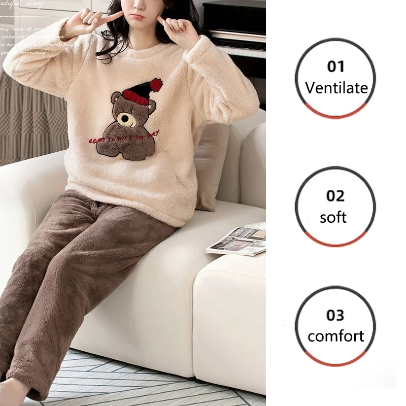 Mulheres tamanho grande Pijama acolchoado, espessado, manga comprida, calça comprida, veludo coral, urso dos desenhos animados, quente, outono, inverno, 2 peças conjunto