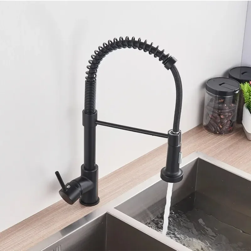 Rubinetto da cucina estraibile nero opaco Rubinetto da cucina cromato con doppia modalità Ugello Miscelatore acqua calda fredda Rubinetto per gru Rubinetti per lavello da cucina con molla in ottone