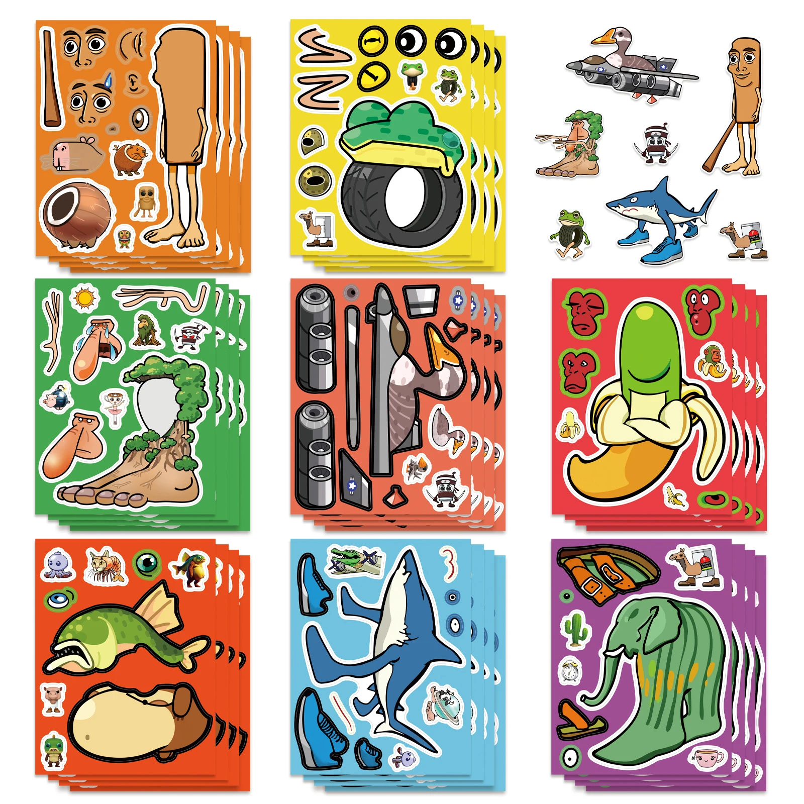 8/16 hojas de pegatinas de rompecabezas de animales abstractos, calcomanías de animales de Tung Tung Sahur italiano Brainrot, juguetes para niños