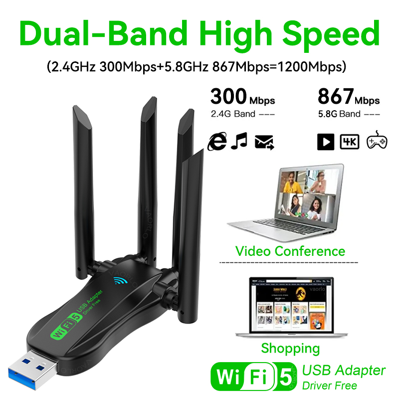 VAORLO 1200Mbps WiFi USB adaptador WiFi5 banda Dual 2,4G + 5,8 Ghz 4 antena Dongle USB3.0 receptor de tarjeta inalámbrico de alta velocidad PC/portátil