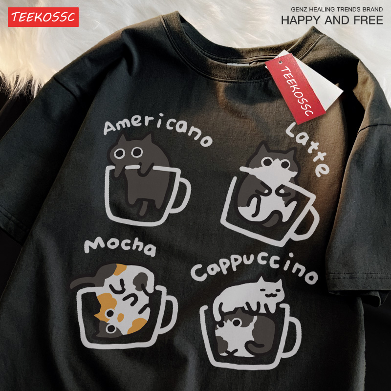 แมวกาแฟผ้าฝ้ายอินเทรนด์ฤดูร้อนหลวมแขนสั้นเสื้อยืดผู้ชายผู้หญิง Original Mocha Latte แมวสามดอกไม้สนุก Cat Tees