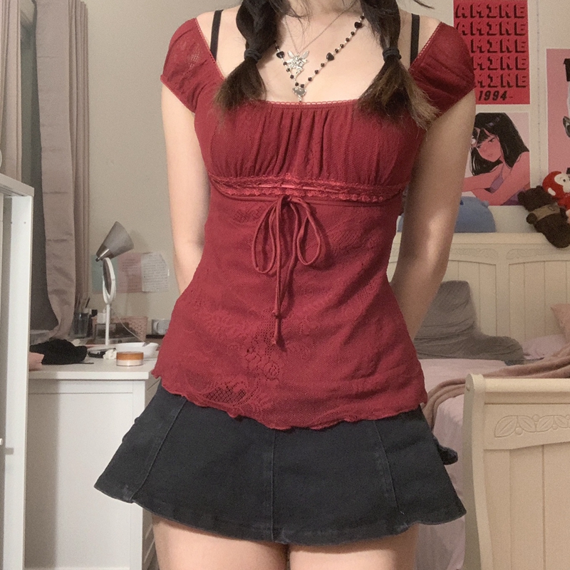 Thanh Lịch Cổ Vuông Phối Áo Thun Kawaii Cung Nữ Tay Ngắn Áo Thun TEE Y2K Vintage Cổ Tích Grunge Nữ Crop Top Retro Quần Áo