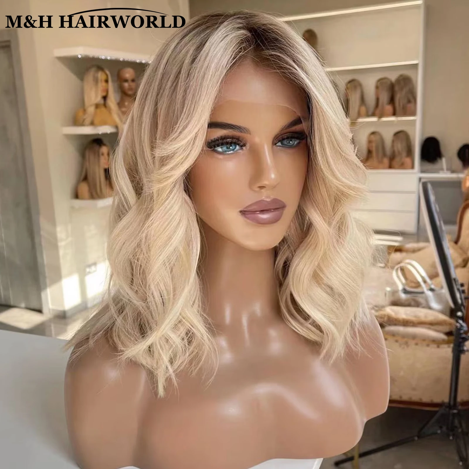 Peruca curta e ondulada para mulheres, loura cinza, destaques coloridos, cabelo sintético, peruca dianteira com renda, renda frontal 13x3