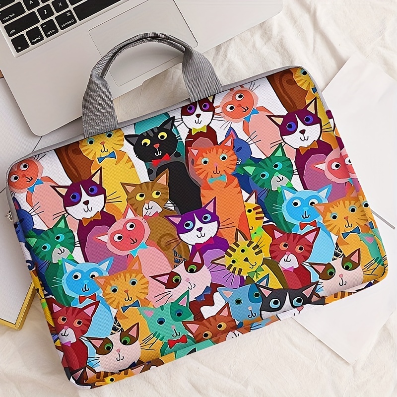 Conjunto de una pieza, dos estilos, bolso para portátil con estampado de gato de dibujos animados colorido, maletín, adecuado para portátiles de 14 pulgadas