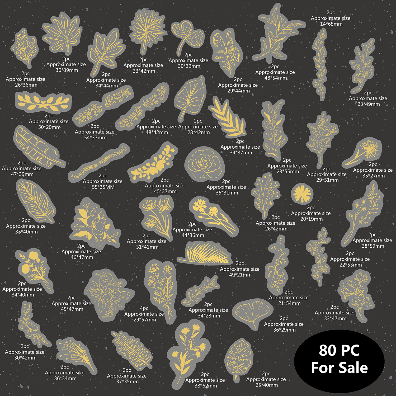 80 ชิ้น Glitter Gold สติกเกอร์ดอกไม้, กันน้ําโปร่งใสสติ๊กเกอร์ตกแต่ง, สัตว์เลี้ยงกาวสติกเกอร์ป้าย