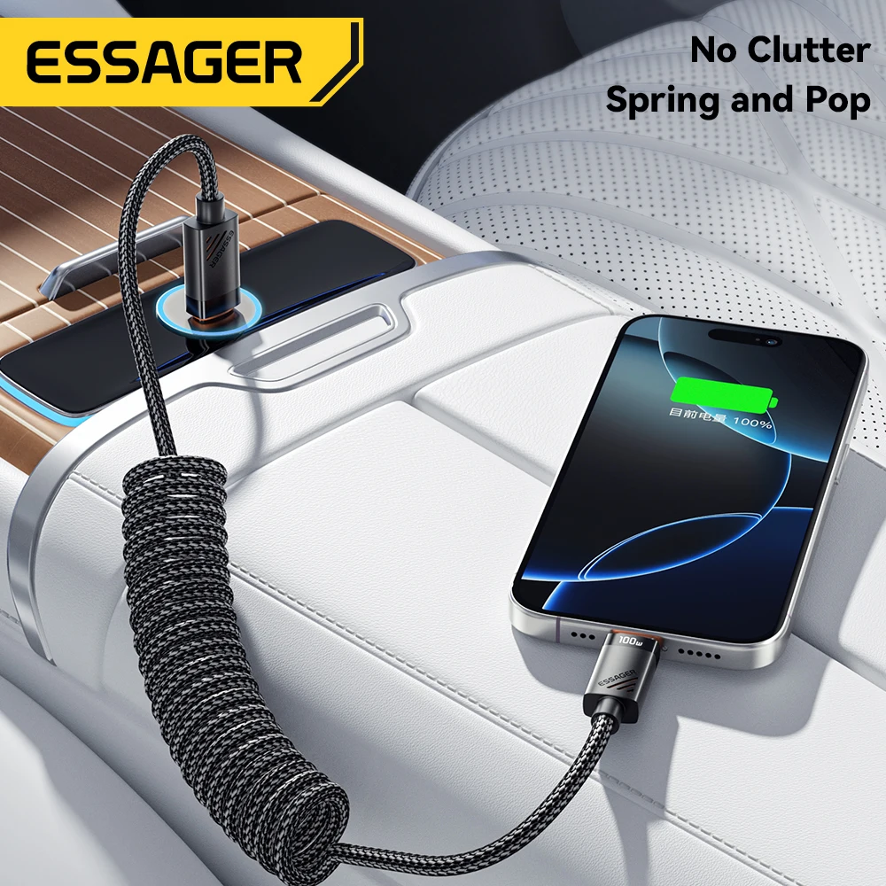 Essager Auto-Feder-Typ-C-Kabel für iPhone 16 1514 Xiaomi Samsung 100 W PD Schnellladung für MacBook iPad Typ C auf Typ-C-Kabel