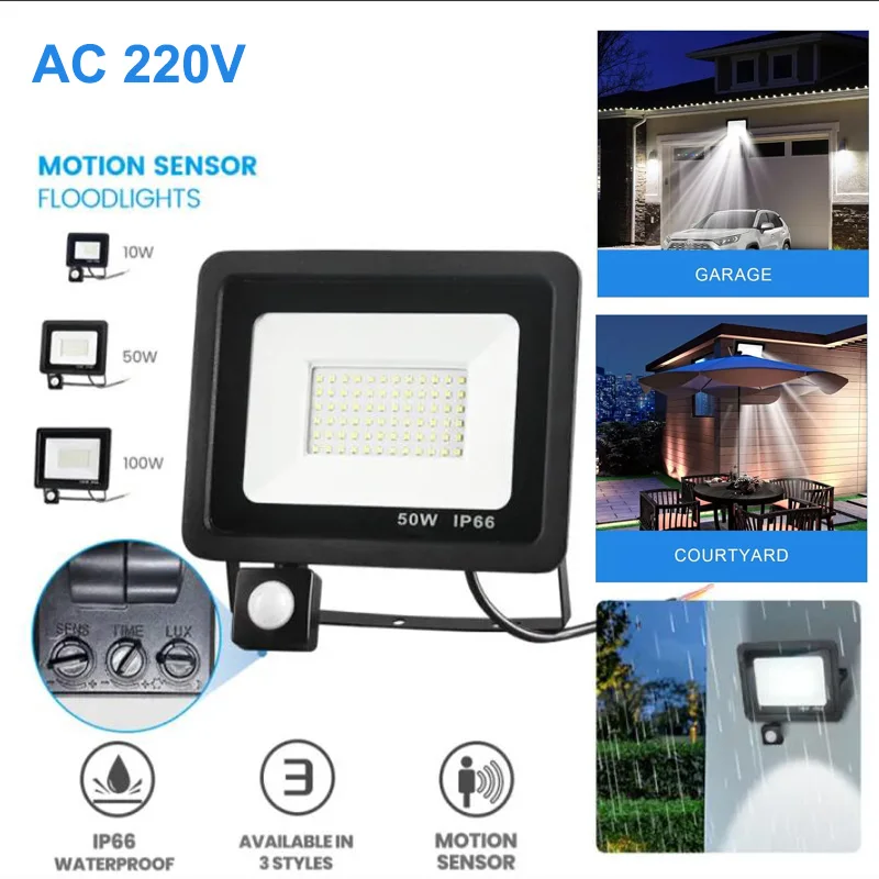 LED Floodlights With Motion Sensor 220V 100W 50W 30W 20W 10W Waterproof Outdoor Led Spotlight Garden Garage Gym Street Wall Lamp