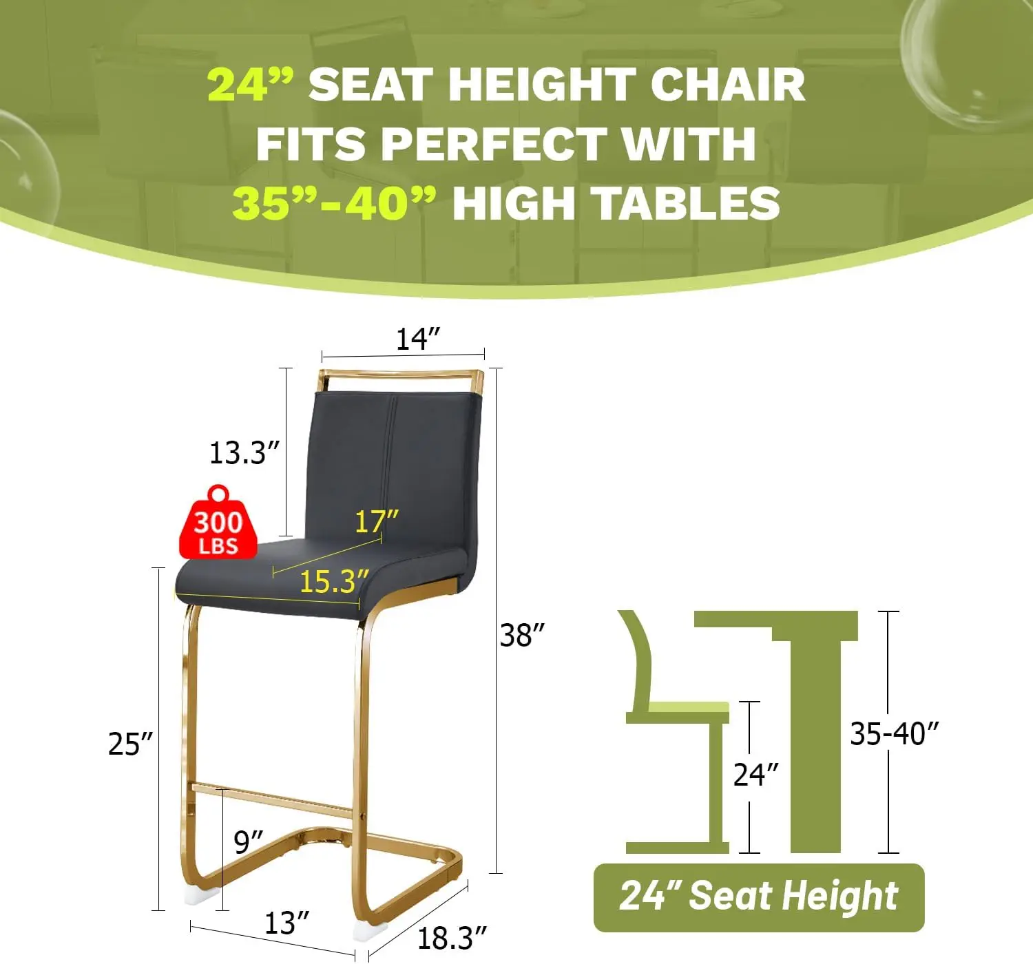 Counter Height Bar Stools Set of 4,Bar Stools with Back,24" Black Island Chairs with Gold Chrome Plated Metal Leg,Faux Leather