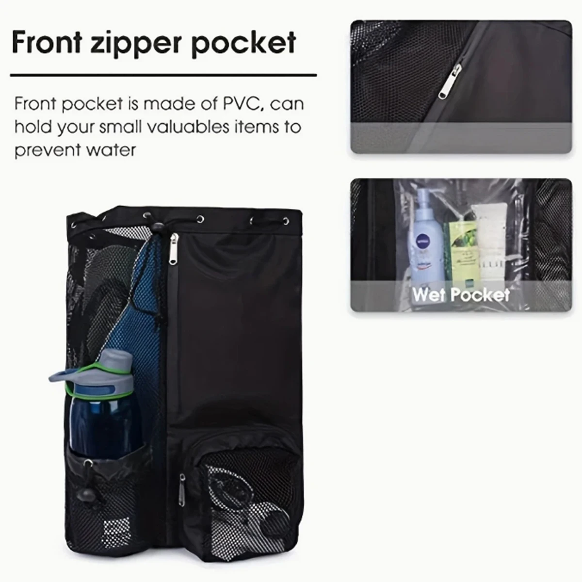 Outdoor beach backpack, swimming bag, mesh perforated drawstring backpack with wet bag, gym yoga exercise storage bag, 1 set