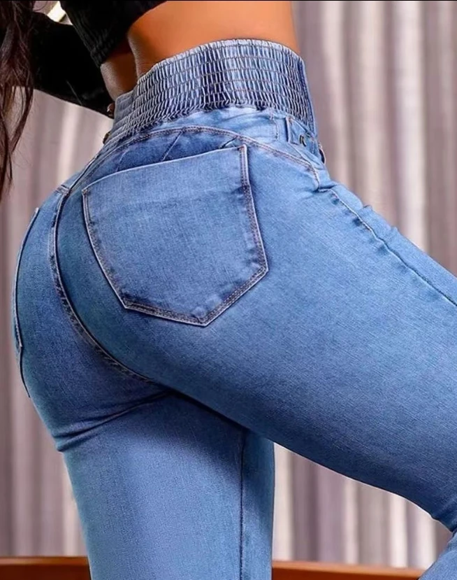 Streetwear ผู้หญิงใหม่กางเกงยีนส์กลับ Shirred ปุ่มด้านหน้ากางเกงยีนส์เอวสูงอารมณ์เดินทางสบายๆกางเกงยีนส์