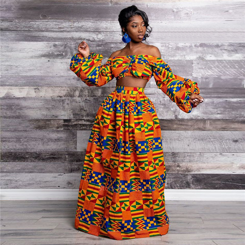 Mode Nationalen Print Frauen Zwei Stück Set Sexy Slash-neck Ärmellose Bluse + Hohe Slit Maxi Rock Sommer Casual damen Anzug