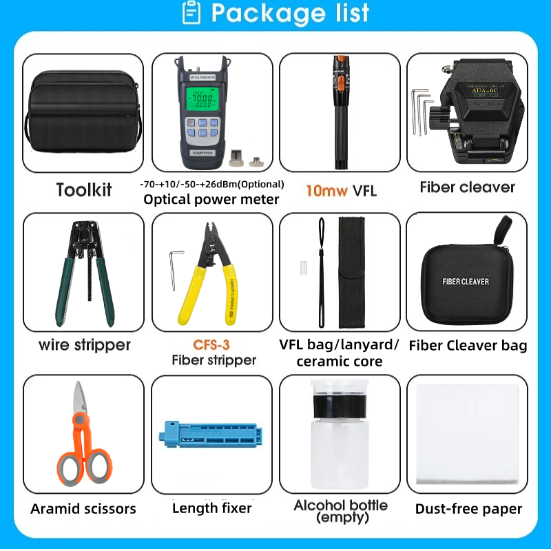 FTTH Fiber Optic Tool Kit With AUA-6C Fiber Cleaver Optical Power Meter Fiber Stripper Aramid Scissors 10mw Visual Fault Locator