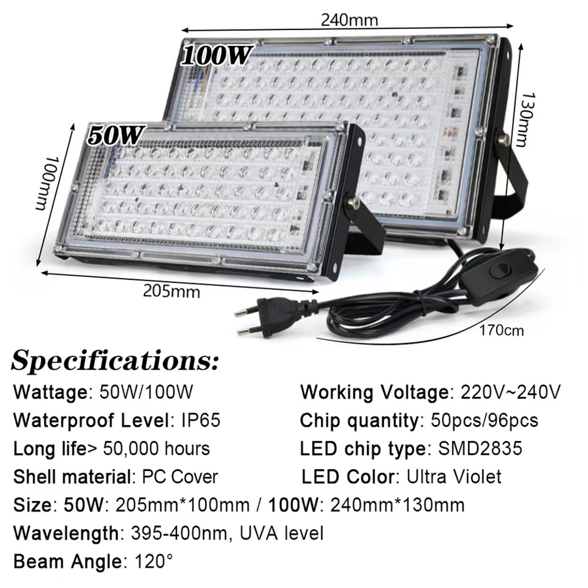 Прожектор Led Uv 50w 100w 395 нм Профессиональный сценический черный свет ультрафиолетовый прожектор