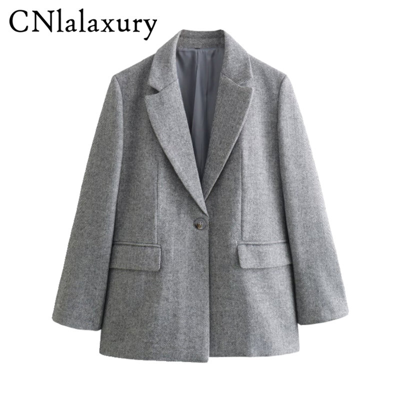 CNlalaxury офисный стиль Женская мода шеврон принт 2024 Весна Новые Блейзеры Женские повседневные Прямые серые длинные куртки на одной пуговице