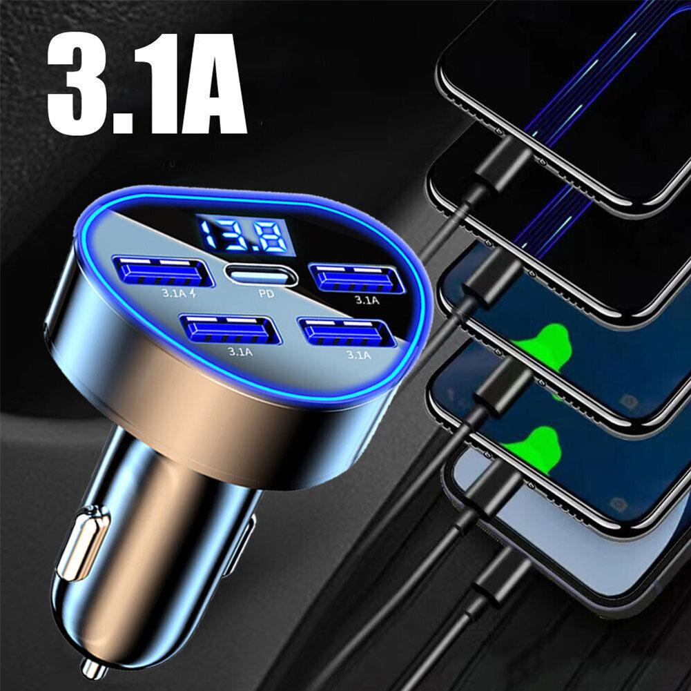 Carregador de carro com 5 portas para iPhone, Adaptador de carregamento rápido, USB tipo C, isqueiro, PD, QC3.0, 66W