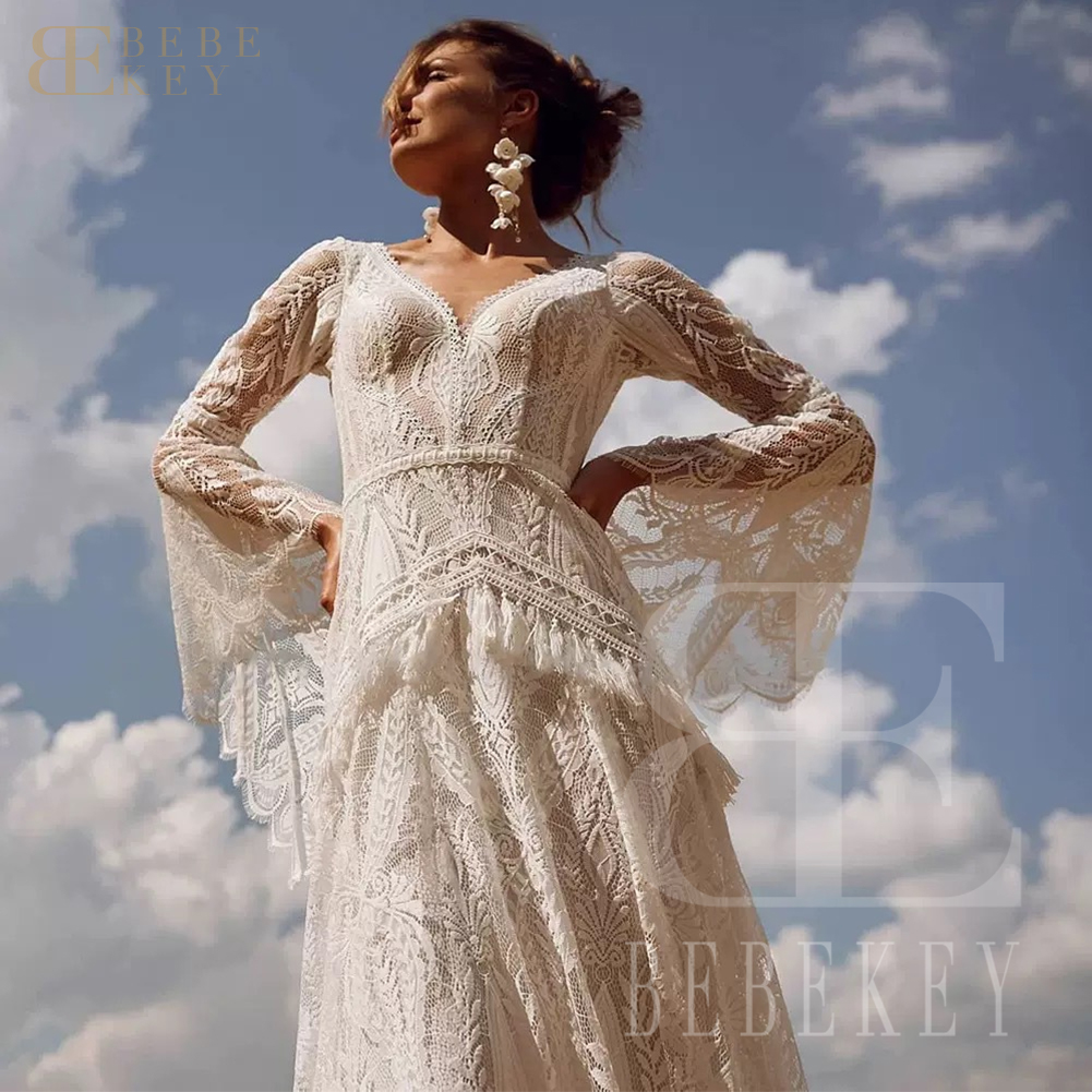 BEBEKEY Hippie Crochet Lace Wedding Dress With Long Sleeve Customized Chic Civil Bohemian Bridal Gown Gatsby Elvish Dress Robe