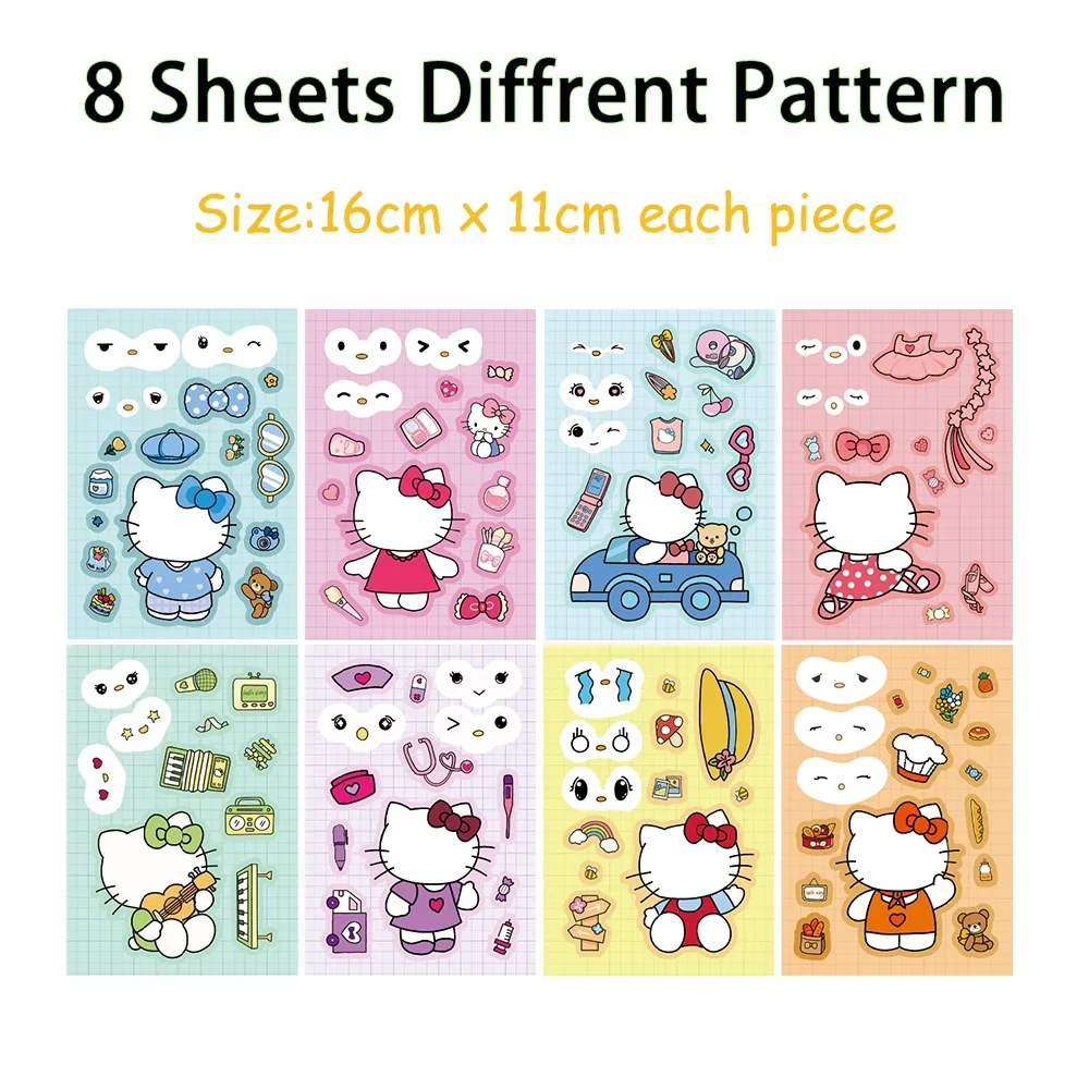 8/16 fogli Cute Hello Kitty Anime Puzzle Stickers fai da te Make-a-Face assemblare Funny Cartoon Decal assemblare Jigsaw Girl Toy Kid Gift