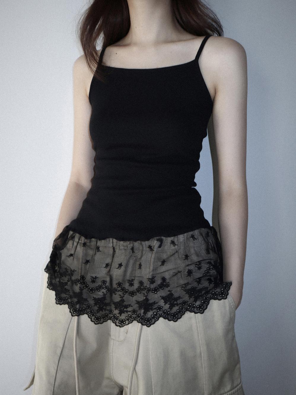 Spring 2025 New Sle Women's Embroidered Lace Trim Slim Fit Tank Top with Tulle Underlay Patchwork Skirt Layered Wear Base S...