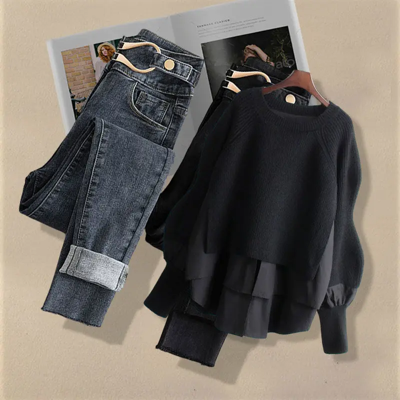 Traje grande de primavera y otoño para mujer, nueva moda coreana, camisa falsa de dos piezas, Top, pantalones vaqueros informales ajustados, conjunto de dos piezas 2024
