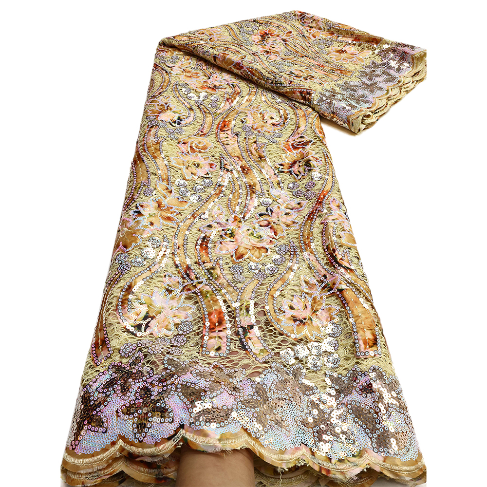 Tecido de renda líquida com lantejoulas douradas francesas 2025 tecido de renda africano de alta qualidade tecido de renda de festa de tule bordado nigeriano