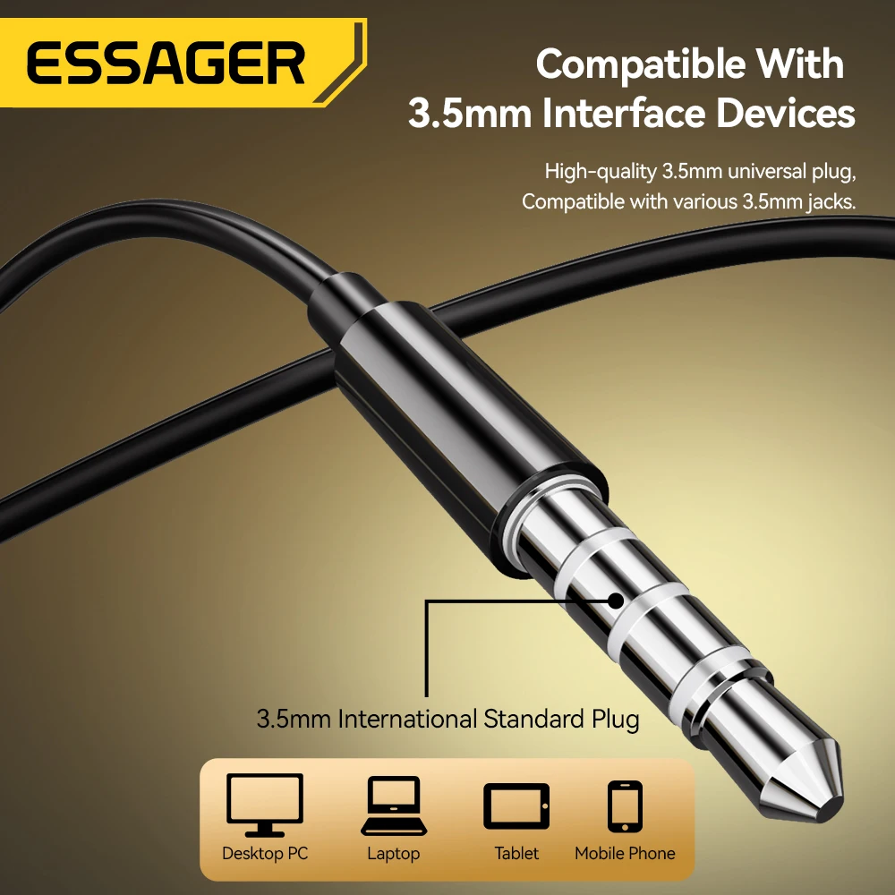 Essager หูฟังแบบมีสาย 3.5 มม.ชุดหูฟังชนิดใส่ในหูหูฟังแบบมีสายพร้อมไมโครโฟนหูฟังสเตอริโอกีฬา In-line Control สําหรับโทรศัพท์